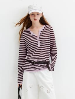 FSLE Striped T-shirt Long-sleeved Cover-up Women's 2026 Summer and Autumn New Style Half-open Knitted Top Loose Leisure