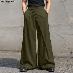 INCERUN Men Wide Leg Pants Patchwork Button Joggers Casual Trousers Man Streetwear 2026 Fashion Long Pants For Man Pantalones