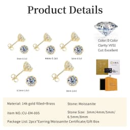 Lnngy Certified 6.5MM/8MM Moissanite Stud Earring 14K Gold Filled Solitaire Earrings for Women Romantic Dazzling Jewelry Gift