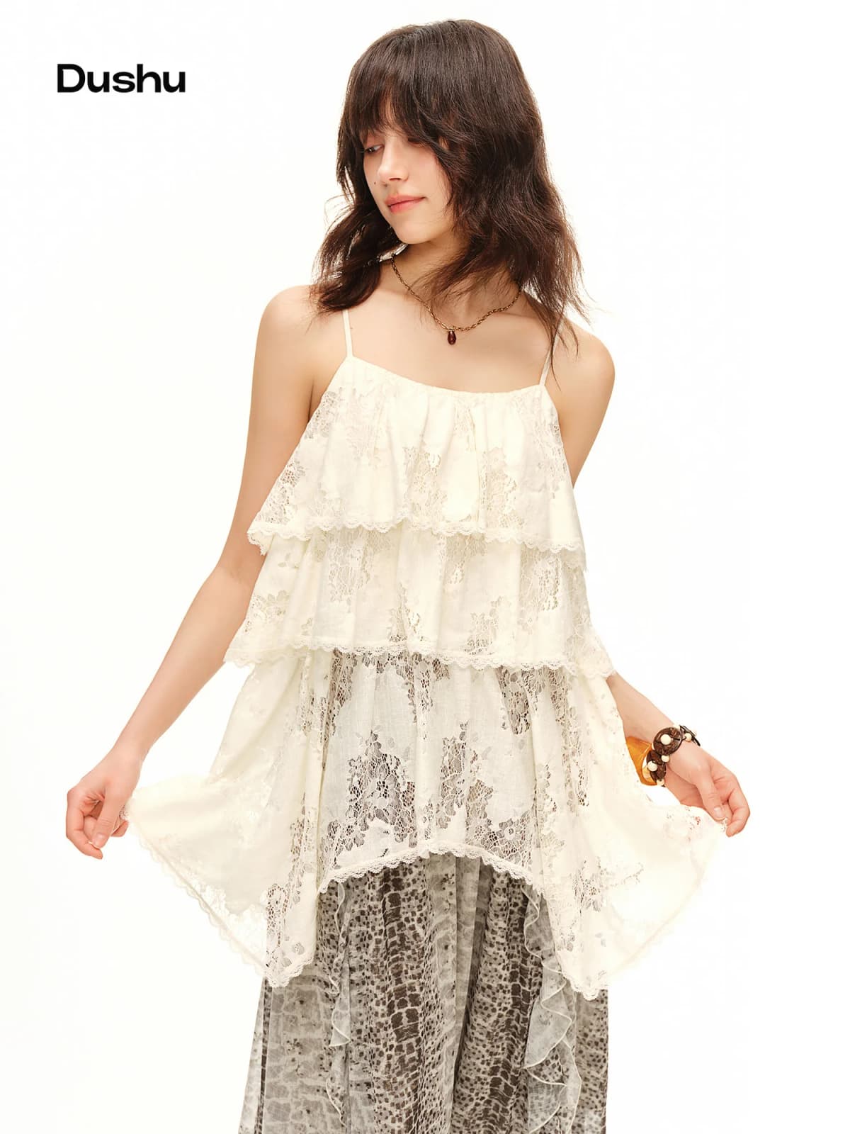 DUSHU Women's 2026 Summer New Arrival Lace Camisole Top Simple Ruffled Vacation Style Blouse Multiple Sizes for All Body Types