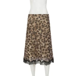 Women’s Leopard Print Midi Skirt Elegant Lace Hem Half Skirt Y2K Vintage Bodycon High Waist Mesh Patchwork Knit Skirt Streetwear