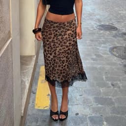 Women’s Leopard Print Midi Skirt Elegant Lace Hem Half Skirt Y2K Vintage Bodycon High Waist Mesh Patchwork Knit Skirt Streetwear