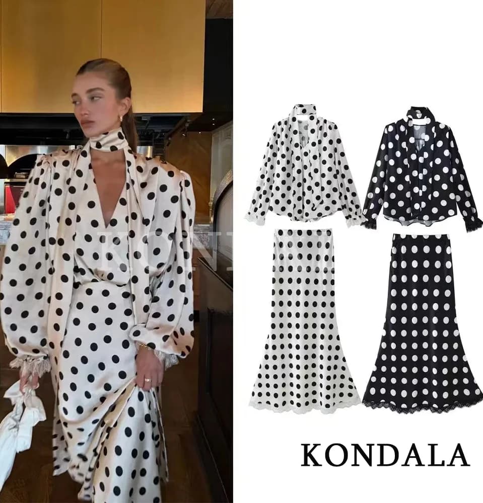 KONDALA Women Trendy Polka Dot Skirt Set Scarf Collar V-Neck Pullover Shirts Long Skirt New Fashion 2026 Spring Summer Mujer Set