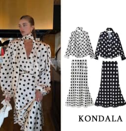 KONDALA Women Trendy Polka Dot Skirt Set Scarf Collar V-Neck Pullover Shirts Long Skirt New Fashion 2026 Spring Summer Mujer Set