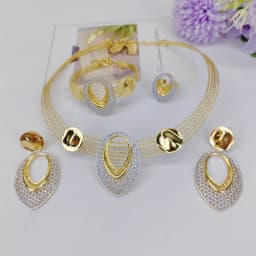 Two Tones Luxury Collar Necklace Earrings Bracelet Ring Big Size Choker 18K Gold Plated Jewelry Set Bridal Wedding Party Gifts