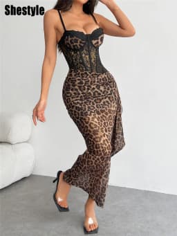 Shestyle Leopard Mesh Sexy Pencil Dress Women Summer Lace Sheer Chest Wrapping Sleeveless Animal Patchwork Skinny Transparent