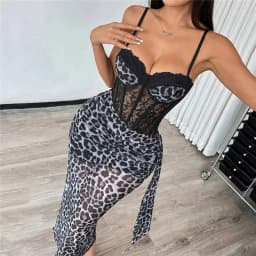 Shestyle Leopard Mesh Sexy Pencil Dress Women Summer Lace Sheer Chest Wrapping Sleeveless Animal Patchwork Skinny Transparent