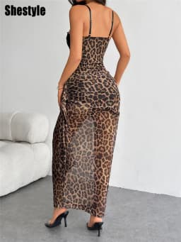 Shestyle Leopard Mesh Sexy Pencil Dress Women Summer Lace Sheer Chest Wrapping Sleeveless Animal Patchwork Skinny Transparent