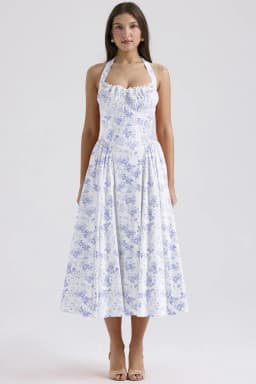 Vintage Floral Halter Midi Sundress Women's High Waist Pink Blue Black Red Dresses Summer Dresses Female Birthday Robe 2025 New