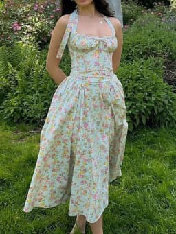 Vintage Floral Halter Midi Sundress Women's High Waist Pink Blue Black Red Dresses Summer Dresses Female Birthday Robe 2025 New