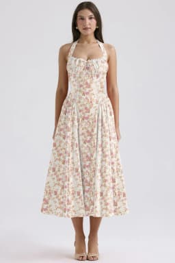 Vintage Floral Halter Midi Sundress Women's High Waist Pink Blue Black Red Dresses Summer Dresses Female Birthday Robe 2025 New