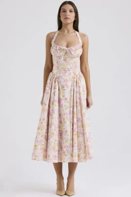 Vintage Floral Halter Midi Sundress Women's High Waist Pink Blue Black Red Dresses Summer Dresses Female Birthday Robe 2025 New