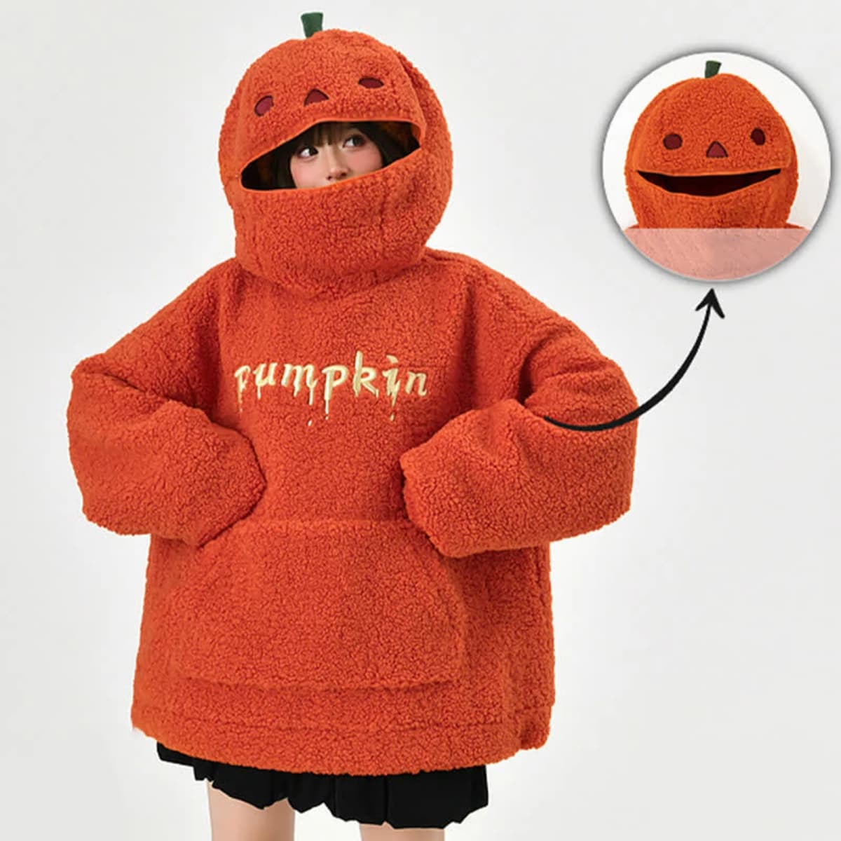 Women's Halloween Pumpkin Shaped Hoodie Autumn Round Neck Hooded Sweatshirt Double-Faced Fleece Cute Halloween Sweater Tops