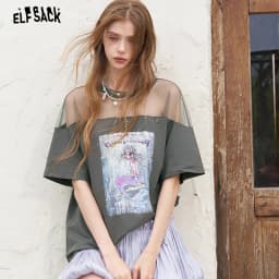 ELFSACK Women's Y2K Mesh Patchwork T-Shirt with Anime Mermaid Print, Grunge Sheer Shoulder Grey Short Sleeve Top for Streetwear