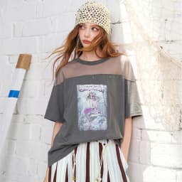 ELFSACK Women's Y2K Mesh Patchwork T-Shirt with Anime Mermaid Print, Grunge Sheer Shoulder Grey Short Sleeve Top for Streetwear