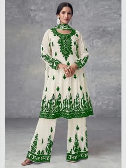 Plus Size Women's Off-White and Black Printed Three-Piece Set Ethnic Style Crew Neck Long Top Wide-Leg Pants and Headscarf Set