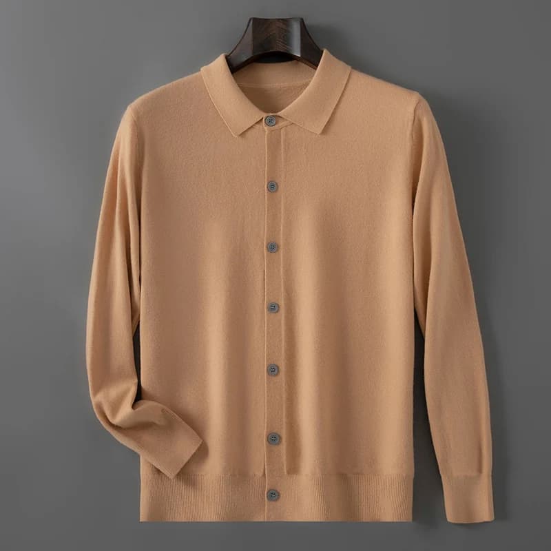 100% pure wool autumn sweater cardigan men Korean fashion solid color sweater loose men's shirt collar coat.