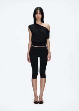 Black Asymmetrical Knitted Tank Top with One-Shoulder Design, Ruched Waist, Short Style, Slimming Fit, Sexy T-Shirt, Casual Asymmetrical Knitted Top
