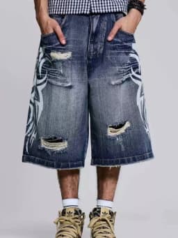 HOUZHOU Gothic Vintage Print Short Jeans Women Grunge Blue Oversize Distressed Jorts Wide Leg Pattern Denim Shorts Streetwear