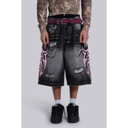 HOUZHOU Gothic Vintage Print Short Jeans Women Grunge Blue Oversize Distressed Jorts Wide Leg Pattern Denim Shorts Streetwear