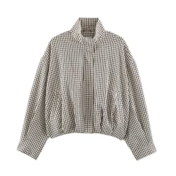 BSAY 2026 Minimalist Women Cropped Gingham Jacket Stand Collar Full Zip Pocket Long Sleeve Loose Vintage Plaid Daily Outer Top