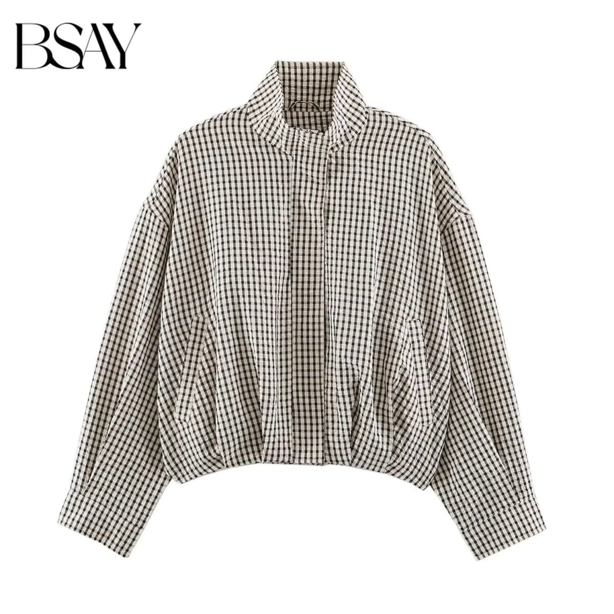 BSAY 2026 Minimalist Women Cropped Gingham Jacket Stand Collar Full Zip Pocket Long Sleeve Loose Vintage Plaid Daily Outer Top