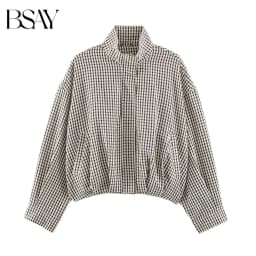 BSAY 2026 Minimalist Women Cropped Gingham Jacket Stand Collar Full Zip Pocket Long Sleeve Loose Vintage Plaid Daily Outer Top