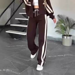 Women's Matching Two-Piece Sport Set Stand Collar Full Zip Cropped Top with Side Double Stripe Wide Leg Drawstring Waist Jogger