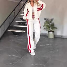 Women's Matching Two-Piece Sport Set Stand Collar Full Zip Cropped Top with Side Double Stripe Wide Leg Drawstring Waist Jogger