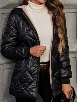 Women Fleece Lined Hooded Quilted Coat Diamond Grid Puffer Jacket Warm Sherpa Lining Zip Up Mid Length Winter Outerwear Parka