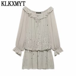 KLKXMYT Elegant Women Sequin Off Shoulder Sexy Dress Long Sleeve Ruffles Mini Dress Female Evening Party Dresses