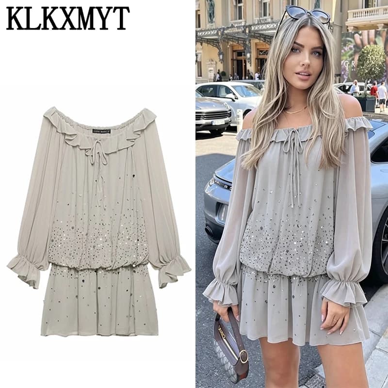KLKXMYT Elegant Women Sequin Off Shoulder Sexy Dress Long Sleeve Ruffles Mini Dress Female Evening Party Dresses