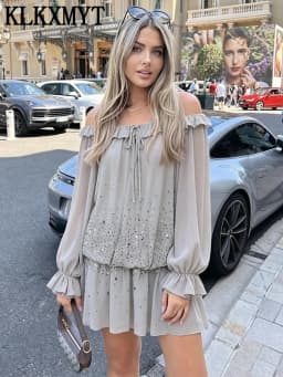 KLKXMYT Elegant Women Sequin Off Shoulder Sexy Dress Long Sleeve Ruffles Mini Dress Female Evening Party Dresses