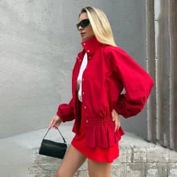 Casual Sporty Jacket Red Collar Closure Ruffled Pleated Tighten Waist Relax Coat 2026 NEW Autumn Fashion Street Women's Jackets