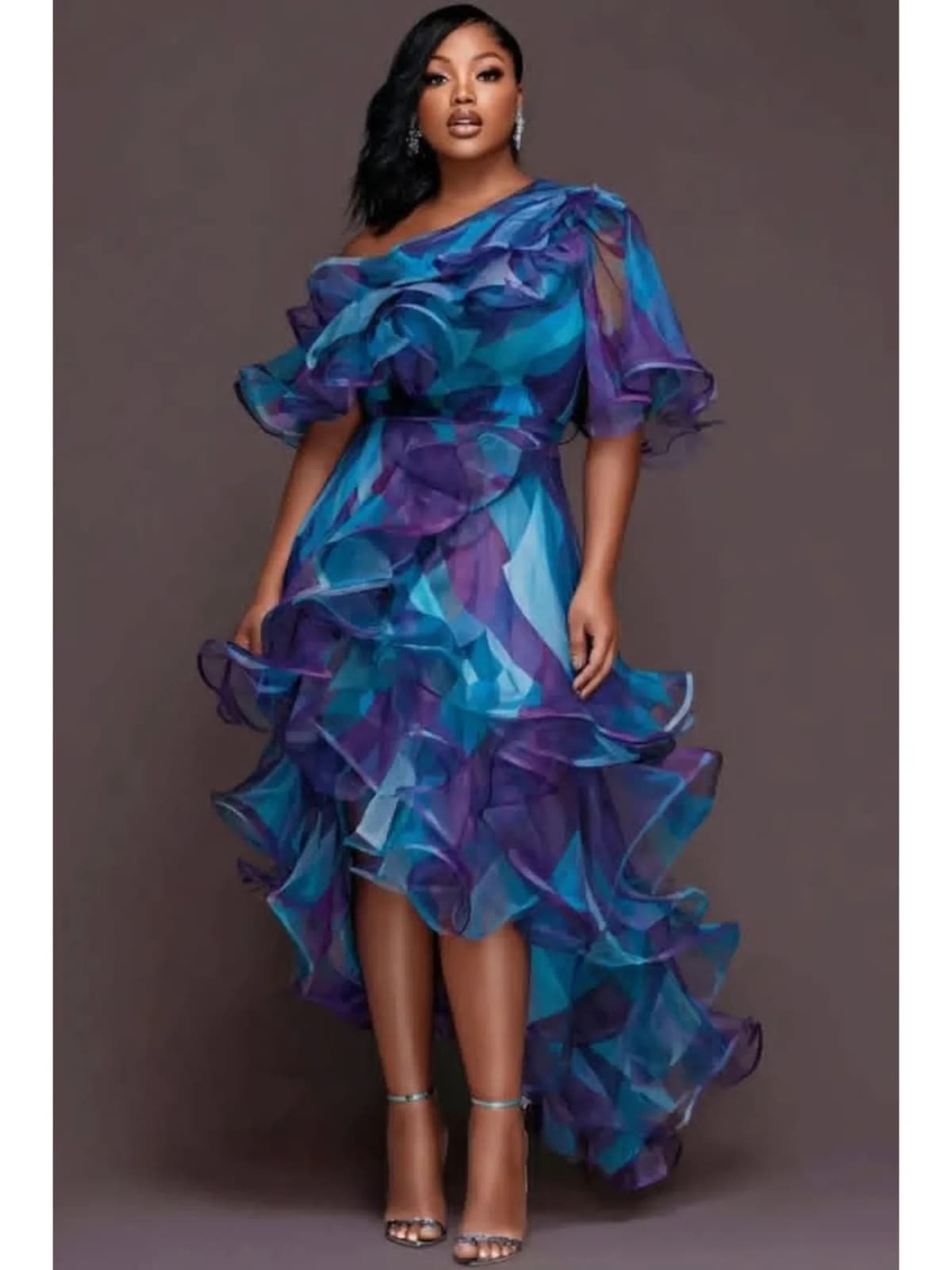 Plus Size Ombre Print One Shoulder Midi Dress Puff Sleeve Layered Ruffle High Low Hem Chiffon Gown Women Elegant Formal Dress