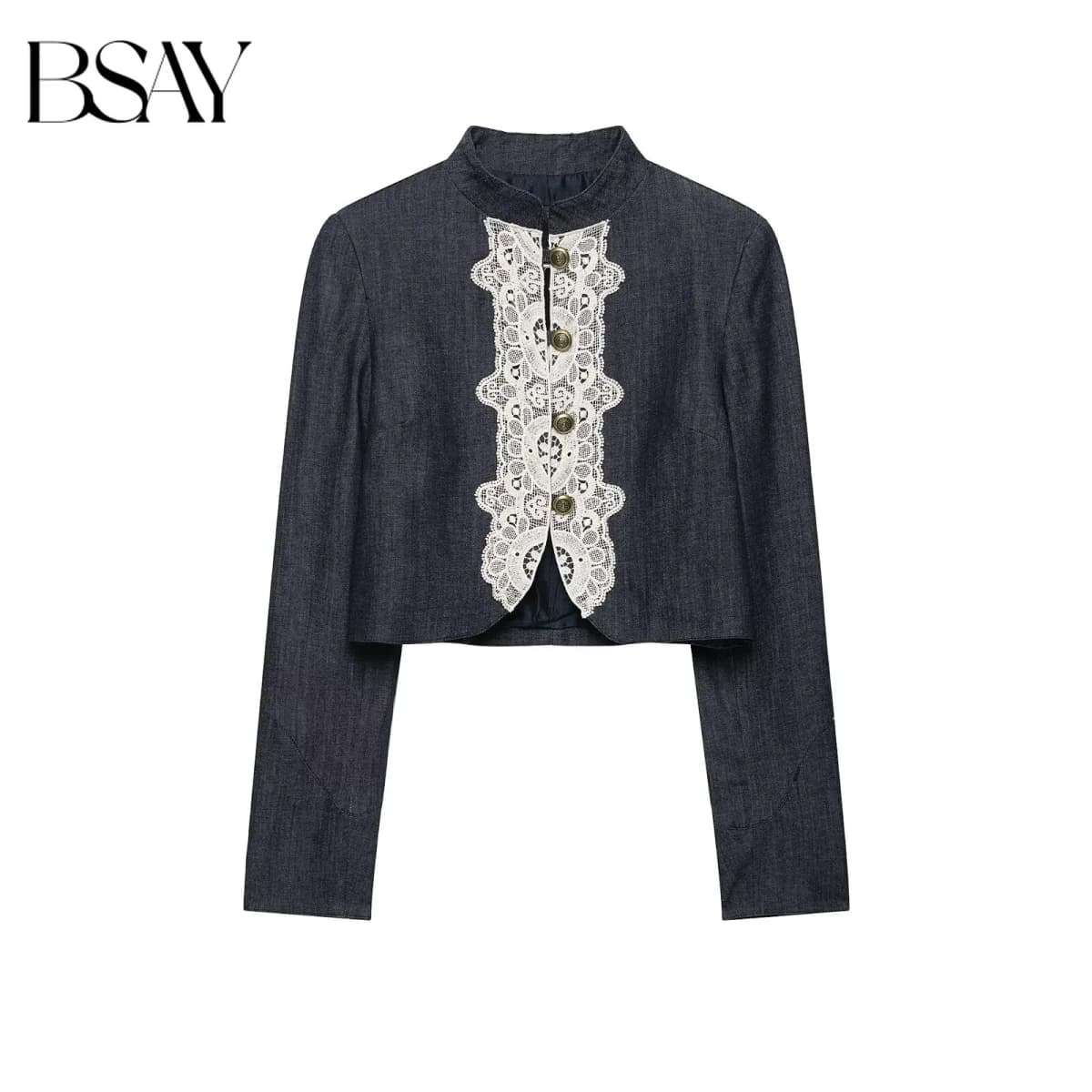 BSAY 2026 Fashion Women Lace Spliced  Cropped Jacket Mandarin Collar Metal Button Long Sleeve Vintage Elegant Short Outerwear