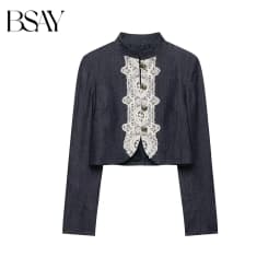 BSAY 2026 Fashion Women Lace Spliced  Cropped Jacket Mandarin Collar Metal Button Long Sleeve Vintage Elegant Short Outerwear