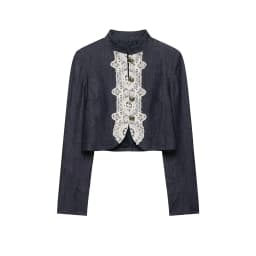 BSAY 2026 Fashion Women Lace Spliced  Cropped Jacket Mandarin Collar Metal Button Long Sleeve Vintage Elegant Short Outerwear