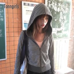 Tonngirls Y2k Japanese Striped Hooded Women Long Sleeve Vintage Tops Streetwear American Retro Zip Up Hoodies Fairycore 2000s