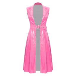 Womens Glossy PU Leather Punk Long Trench Coat Sleeveless Lapel Open Front Adjustable Buckle Waist Jacket Blazer Club Outerwear