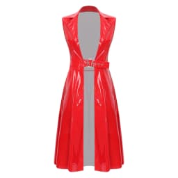 Womens Glossy PU Leather Punk Long Trench Coat Sleeveless Lapel Open Front Adjustable Buckle Waist Jacket Blazer Club Outerwear