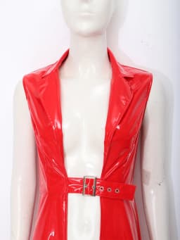 Womens Glossy PU Leather Punk Long Trench Coat Sleeveless Lapel Open Front Adjustable Buckle Waist Jacket Blazer Club Outerwear