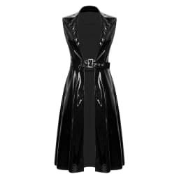 Womens Glossy PU Leather Punk Long Trench Coat Sleeveless Lapel Open Front Adjustable Buckle Waist Jacket Blazer Club Outerwear