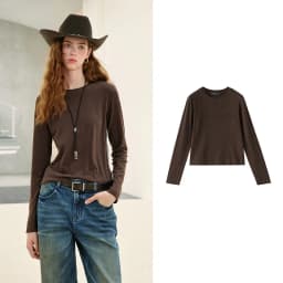 TOYOUTH Women's Slub Cotton T Shirt 2026 Fall New Arrival Mousse Soft Crew Neck Multi Color Versatile Casual Layering Top