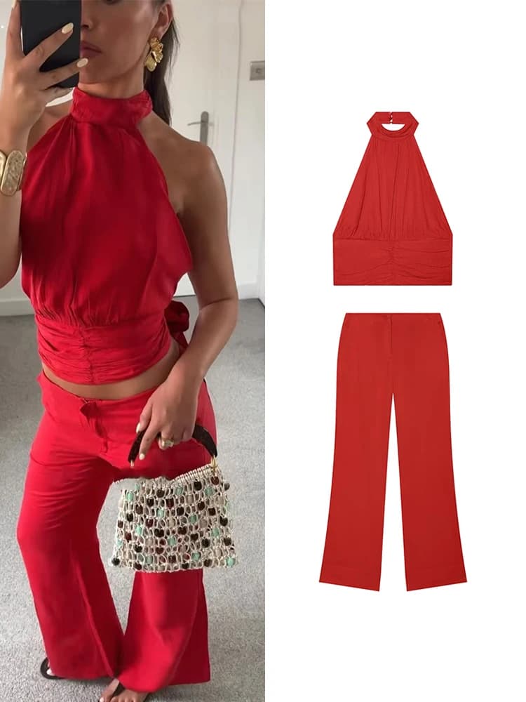 TFMLN Women's Red Ruffled Top Set Halter Crop Backless Sleeveless Top Chic High Waist Straight Trousers Outfit Fashion Sexy