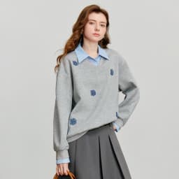 TOYOUTH Women‘s Sweatshirt 2026 Autumn Denim Flower Embroidery Fake Two Piece Splicing Turn Down Collar Cotton Casual Pullover