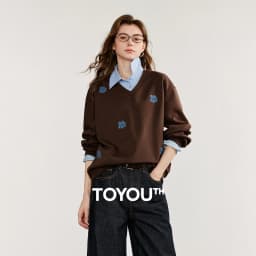 TOYOUTH Women‘s Sweatshirt 2026 Autumn Denim Flower Embroidery Fake Two Piece Splicing Turn Down Collar Cotton Casual Pullover