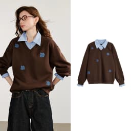 TOYOUTH Women‘s Sweatshirt 2026 Autumn Denim Flower Embroidery Fake Two Piece Splicing Turn Down Collar Cotton Casual Pullover