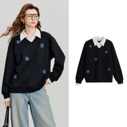 TOYOUTH Women‘s Sweatshirt 2026 Autumn Denim Flower Embroidery Fake Two Piece Splicing Turn Down Collar Cotton Casual Pullover