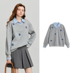 TOYOUTH Women‘s Sweatshirt 2026 Autumn Denim Flower Embroidery Fake Two Piece Splicing Turn Down Collar Cotton Casual Pullover